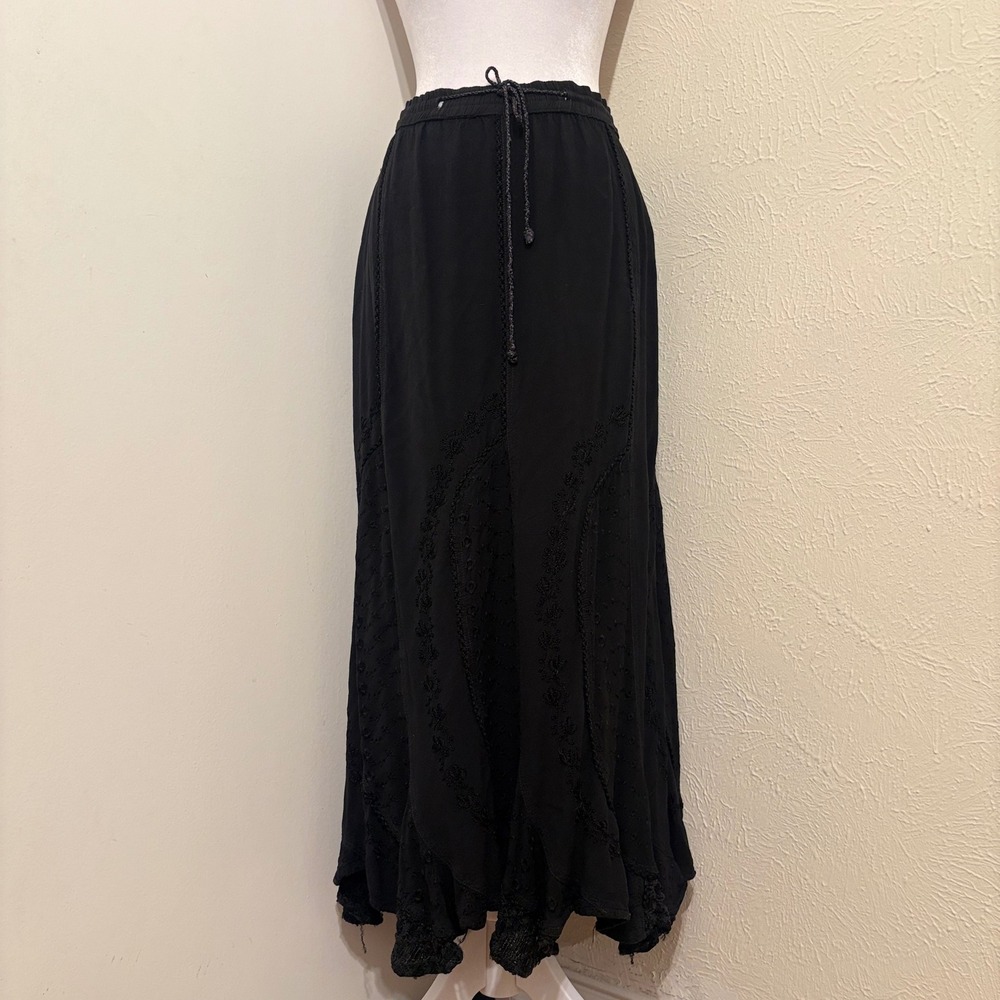 Black Embroidered Eyelet Ruffle Flowy Maxi Skirt Whimsigoth Boho Grunge Plus Sz